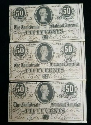 1864 C.  S.  A.  Confederate States Of America 50 Cents Consecutive Notes T - 72 (3) No