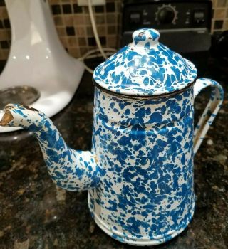 Antique Graniteware Blue & White Swirl Coffee/ Tea Pot With Handle
