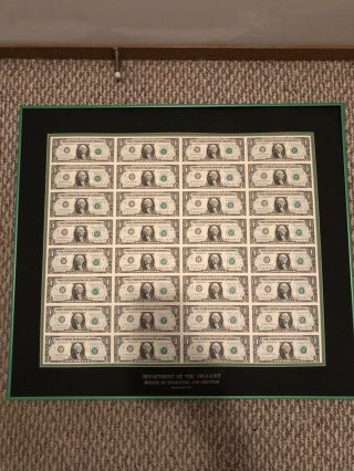 Sheet Of 32 Uncut Us One Dollar Bills $1 Series 1981 Framed