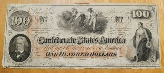 T - 41 1862 - 63 $100 Confederate States Of America Note Currency 2 Cancel Stamps