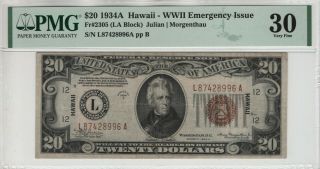 1934 A $20 Federal Reserve Note Hawaii Wwii Emergency Issue Fr.  2305 Pmg Vf 30