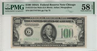 1934 A $100 Federal Reserve Note Chicago Fr.  2153 - Gm Mule Pmg Choice Au 58 Epq