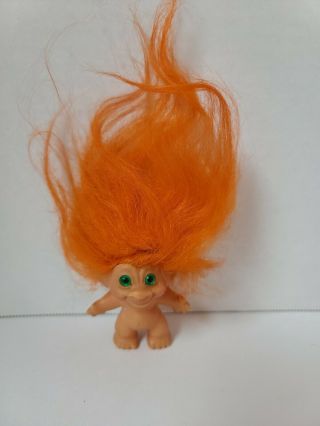 Vintage 1960’s Dam Troll Doll With Orange Mohair Hair & Green Glass Eyes 2.  5”
