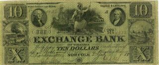 Virginia Exchange Bank $10 Dollars Obsolete Currency 1861
