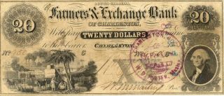 South Carolina Farmers & Exchange Bank $20 Dollars Obsolete Currency 1853