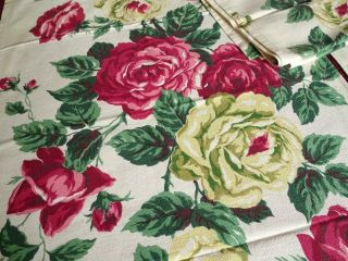 Vintage 1940s Red Rose Barkcloth Fabric 3 Curtain Panels 22x62