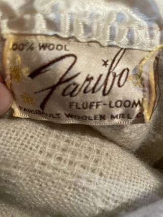 Vintage Faribo 100 Wool Blanket Satin Trim Ivory 86x 60.  Basketweave.