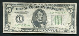 Fr.  1957 - L 1934 - A $5 Star Frn Federal Reserve Note San Francisco,  Ca Vf,  (b)