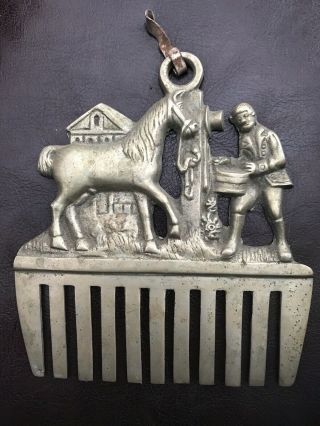Pewter Brass ? Vintage Equestrian Horse Scene Brush Antique Curry Comb 1900’s ?
