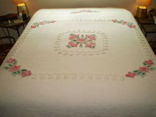 Vintage Queen Size Cotton Chenille Bedspread White Pink Green Floral 100 " X 92 "