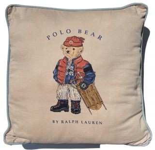 Vintage Ralph Lauren Polo Teddy Bear With Sled Tan Blue Pillow 18” X 18”