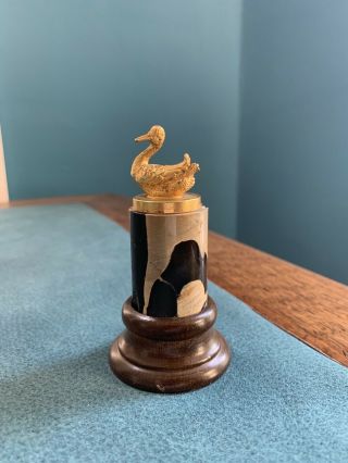 Vintage Miniature Gilt Bronze Goose Duck Bird Statue On Marble & Wood Base