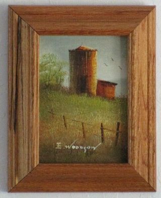 Framed Everett Woodson Oil Painting On Wood Board Barn Farm Silo Landscape Vtg