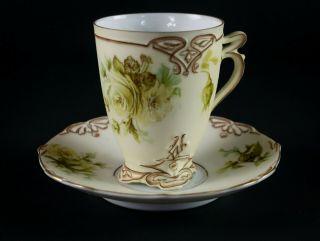 Hermann Ohme Old Ivory 75 Chocolate Cup & Saucer,  Antique Silesia,  Large Roses