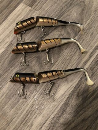 3 Vintage Fred Arbogast Ac Plug Jointed Wood Wag - Tail Fishing Lures