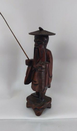 Vintage Japanese Wood Carved Immortal Or Fisherman With Fish 7.  25”