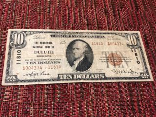 1929 10 Dollar Bill From The Minnesota Bank Of Duluth