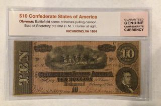 1864 Confederate States Of America Richmond Ten Dollar Currency Note Paper Bill