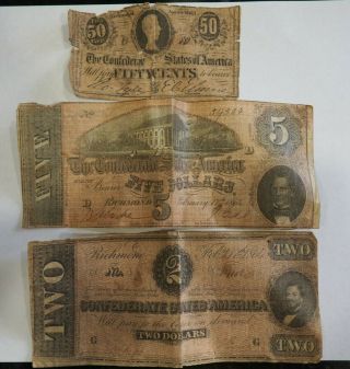 Confederate States Currency - Five Dollar 1864,  Two Dollar,  Fifty Cents 1863