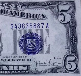 1934 ($5) Five Dollar Silver Certificate Blue Seal Crisp Gem Uncirculated