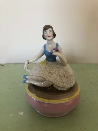 Antique German Figural Lady Half Doll Related Dresser Powder Jar Trinket Box