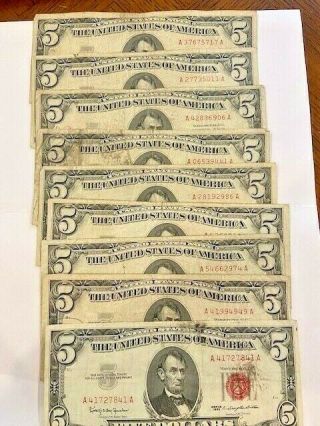9 - 1963 Five Dollar Bills Circulated Red Seal Notes