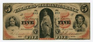1860 $5 The Farmers And Mechanics Bank - Savannah,  Georgia Note