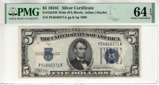 1934 C $5 Silver Certificate Note Fr.  1653w Pa Block Pmg Choice Unc 64 Epq (371a)