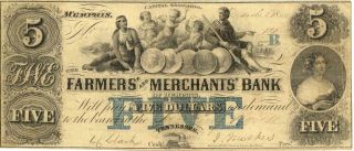 Tennessee Farmers & Merchants Bank $5 Dollars Obsolete Currency 1854