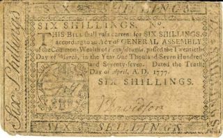 Colonial Currency Pennsylvania 6 Shillings Banknote 1777