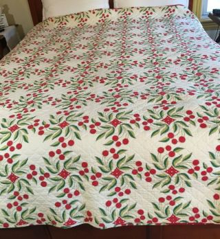 Vintage Quilted Bedspread,  Red And White Floral Pattern