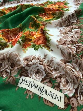 Authentic Vintage Yvessaintlaurentchiffon Silk Green Orange Floral Scarf 35 "
