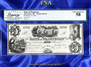 Ina Michigan Ann Arbor Bank Of Washtenaw $5 Obsolete Note Legacy Choice Au 58