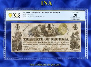 Ina Milledgeville 1864 State Of Georgia $4 Obsolete Pcgs Vf 20 Cr - Ga - 27
