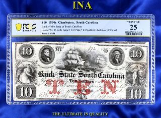 Ina Charleston Bank Of The State Of South Carolina $10 Pcgs Vf - 25 Cc Cancel