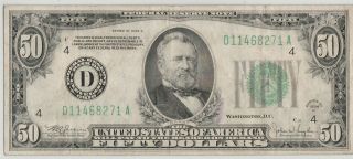 $50 1934 - C Federal Reserve Fifty Dollar Note Fr.  2105 - D Vf,  /xf