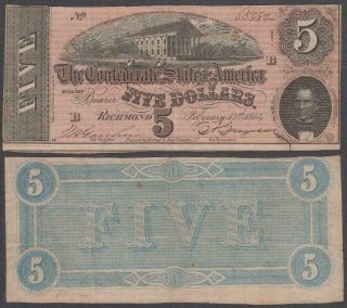 U.  S.  Confederate Currency - Virginia,  5 Dollars,  Vf,  1864