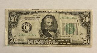 1934 C $50 Fifty Dollar Bill Green Seal Philadelphia