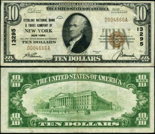 York Ny - York $10 1929 T - 1 National Bank Note Ch 13295 Sterling Nb Vf