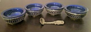 4 Vintage Cobalt Blue Glass Sterling Silver Salt Cellars Dip Bowl & 1 Spoon Rare