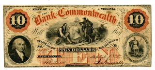 1858 $10 State Of Virginia,  Bank Of The Commonwealth 10 Dollar Bill