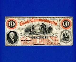1858 - 61 $10 Bank Of The Commonwealth Richmond Virginia Rare Civil War Era Note