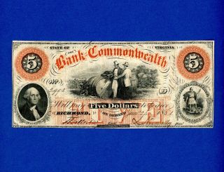 1858 $5 Bank Of The Commonwealth Richmond Virginia Crisp Rare Civil War Era Note