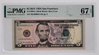 2013 Federal Reserve Note $5 San Francisco Fr 1996 - L Pmg 67 Gem Unc (111k