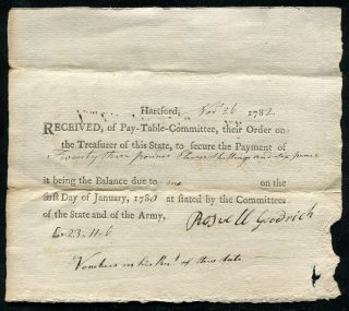 Nov.  1782 23p,  11s,  6p Hartford,  Ct Pay - Table Committee Signed Roswell Goodrich
