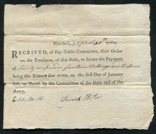 Sept.  1780 21p,  14s,  10p Hartford,  Ct Pay - Table Committee Signed Daniel Porter