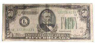 1934 Green Federal Reserve Note $50 Fifty Dollar Bill San Francisco Gold On Dem