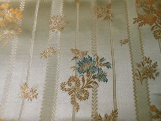 Antique Vintage French Lisere Floral Silk Brocade Fabric Gray Blue Gold