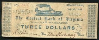 1862 $3 The Central Bank Of Virginia Obsolete Banknote Staunton,  Va
