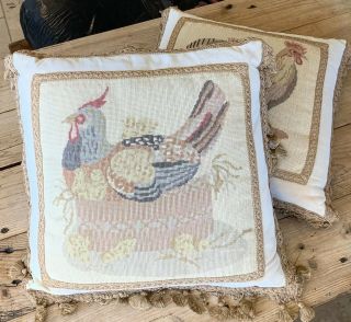 2 Vintage Needlepoint Pillows With Inserts,  Hen/chicks/rooster,  Cream,  18”x18”